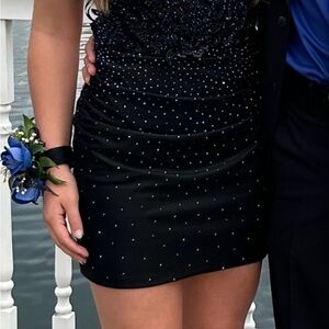 Black with Blue Rhinestones Homecoming Dress
